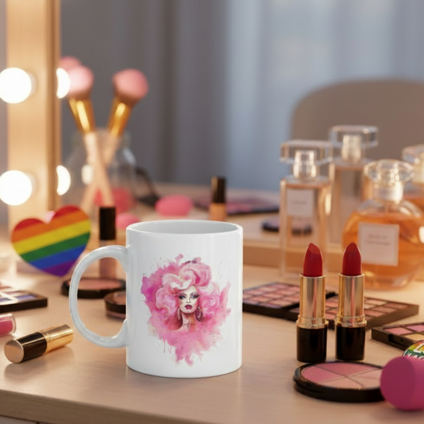 Pride mug on glam makeup desk with Pride ornament